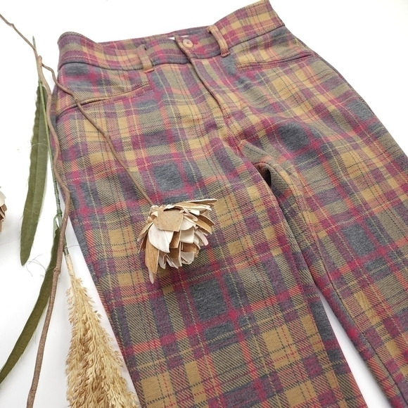 New Anthropologie The Essential Trouser Tan Pink Tartan Plaid  Flared Pa… - Picture 12 of 13